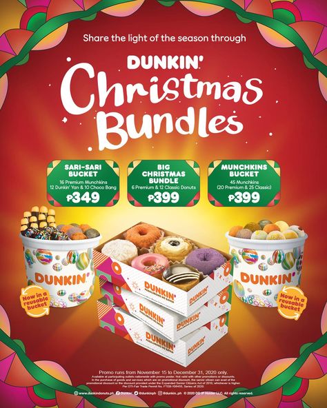 Dunkin’ Donuts – Christmas Bundles Promo Christmas Promo Poster, Dunkin Christmas, Christmas Veggie Tray, Donut Printable, Christmas Promo, Christmas Cheese, Diy Food Gifts, Best Christmas Recipes, Christmas Bucket