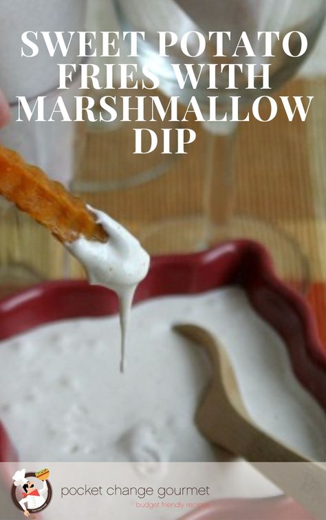 A sweet potato fry with a red bowl contains a marshmallow dip. Sweet Potato Dip, Marshmallow Sauce, Sweet Potatoes With Marshmallows, Asian Side Dishes, Flavored Marshmallows, Pumpkin Dip, Marshmallow Dip, Holiday Side Dish, Holiday Side