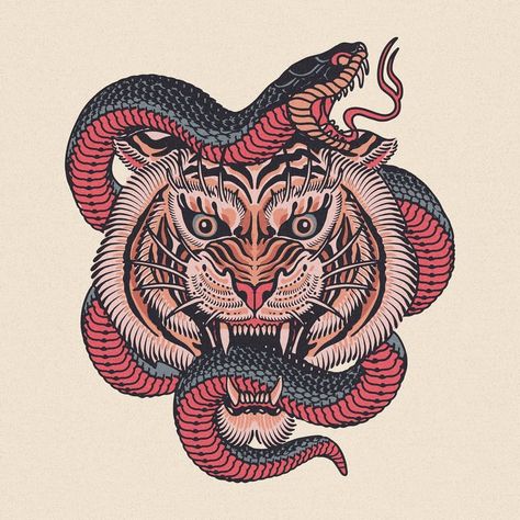 Tiger And Snake Tattoo Traditional, Tiger And Snake Tattoo, Cold Images, Twitter Art, Ink Pen Art, Flash Tattoo Designs, Old School Tattoo Designs, Psy Art, Snake Art