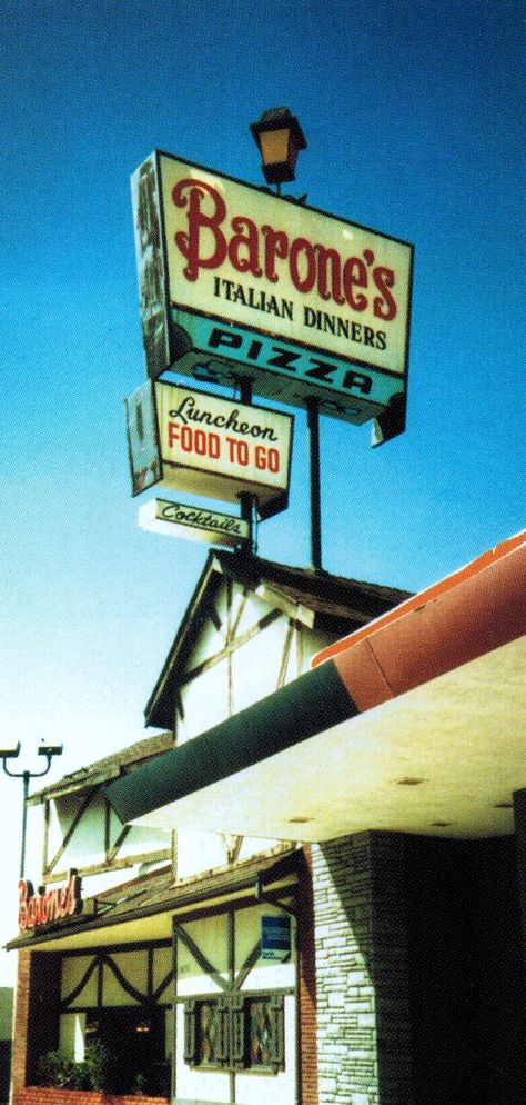 A postcard image of the original Barone's restaurant established in 1945, which was located at 14151 Ventura Boulevard in Sherman Oaks. No longer there, it has relocated to other valley locations. Childhood Memories 60's, California Sign, Ventura Boulevard, Heritage Recipes, Ca History, Valley Girl, Los Angeles Hollywood, Pasta Night, California History