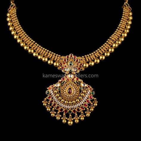 Kundan! Karnatic! Long Mangalsutra, Kameswari Jewellers, Gold Haram, Antique Necklaces Design, Antique Gold Jewelry Indian, Antique Necklaces, Gold Necklace Indian, Gold Jewelry Simple Necklace, Gold Necklace Indian Bridal Jewelry