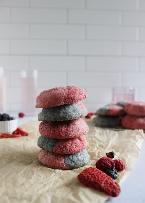 Triple Berry Cookies Berry Cookies, Freeze Dried Raspberries, Dried Raspberries, Pink Food Coloring, Dried Blueberries, Cookie Dough Balls, Blue Food Coloring, Blue Food, Freeze Dried Strawberries