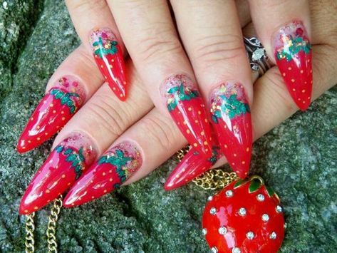 Strawberry Acrylic Nails, Halloween Stiletto, Stiletto Acrylic Nails, Strawberry Nails, Stiletto Nail Art, Red Stilettos, Nails Stiletto, Stiletto Nails Designs, Red Nail Designs