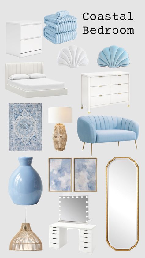 Cute Coastal Bedroom! Bedroom Inspirations Costal, Blue And White Beach Bedroom, Costal Granddaughter Decor, White And Blue Coastal Bedroom, Beachy Aesthetic Room Decor, Cozy Costal Bedroom Ideas, Coastal Summer Bedroom, Cute Coastal Bedroom, Coastal Bedrooms Teen Girl