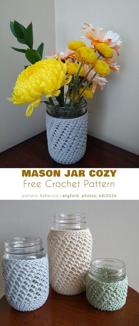 Mason Jar Cozy Crocheted Mason Jar Covers Pattern, Crochet Covers For Mason Jars, Crochet Candle Jar Covers, Mason Jar Cozy Crochet Pattern, Jar Cozy Crochet Pattern, Mason Jar Cozies Crochet, Crochet Mason Jar Cozy Pattern Free, Crochet Jar Cozy Free Pattern, Jar Cover Crochet