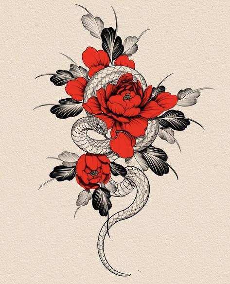 Black And Red Tattoo Design, Snakes Tattoos, Rose And Snake Tattoo, Snake Flower Tattoo, Red Snake Tattoo, Snakes And Roses, Snake And Flowers Tattoo, Snake And Flowers, Atlas Tattoo