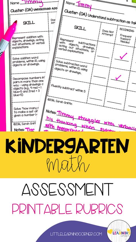 The Best Kindergarten Math Assessment (Printable Rubrics) Do you need a great way to track your kindergarten students' basic math skills? These kindergarten math assessment printable rubrics are the perfect solution. Types of Kindergarten Assessments There are many Addition And Subtraction Kindergarten, Kindergarten Rubrics, Kindergarten Summer School, Kindergarten Math Assessment, Kindergarten Assessment, Classroom Assessment, Subtraction Kindergarten, Addition Words, Learning Corner