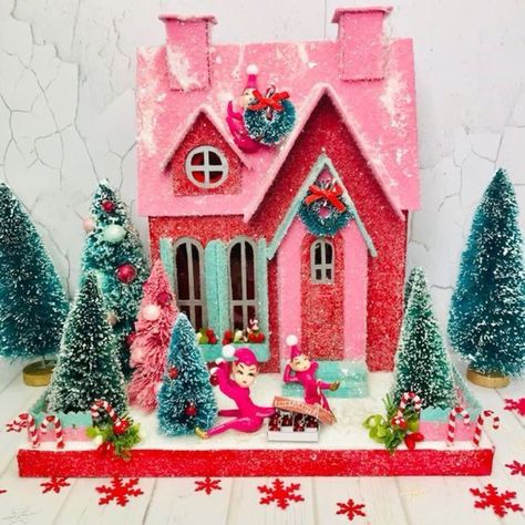 Putz House, Shiny Brite Ornaments, Glitter Houses, Putz Houses, Christmas House, Pink And Red, Christmas Village, Christmas Garland, Retro Christmas