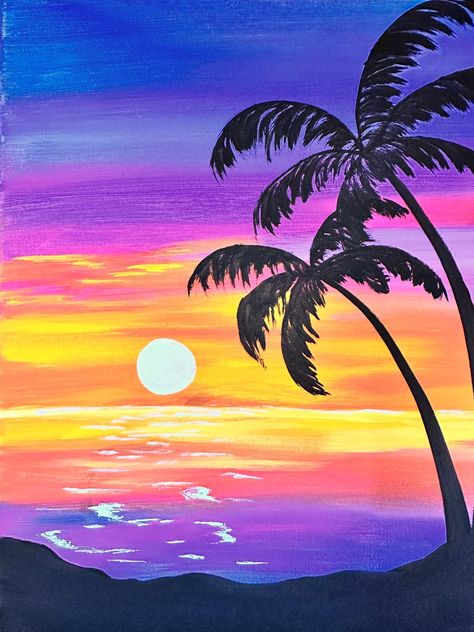 Sunset Palm Tree Painting, Palm Tree Painting, Painting Kids, Palm Trees Painting, Kids Painting, Moon Painting, Painting For Kids, Tree Painting, Art Class