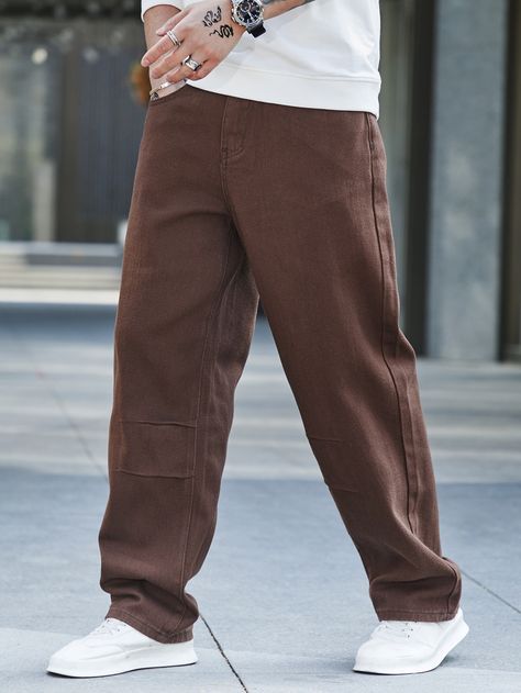 Coffee Brown  Collar  Denim Plain Wide Leg Embellished Non-Stretch  Men Clothing Mens Brown Jeans Outfit, Mens Brown Jeans, Pantalon Cafe Hombre Outfit, Brown Fits Men, Brown Jeans Outfit Mens, Loose Fit Jeans Outfit Men, Brown Trousers Men, Men’s Street Fashion, Brown Men Outfit