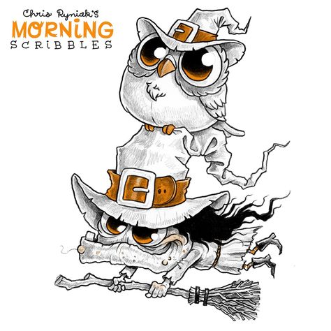 Chris Ryniak - Which Owl? WITCH owl! 🦉🧹 #morningscribbles... Chris Ryniak Morning Scribbles Halloween, Morning Scribbles, Owl Witch, Chris Ryniak, Drawing Rocks, Halloween Rocks, Instagram Coffee, Halloween 1, Funny Drawings