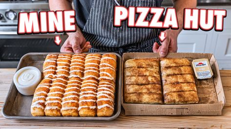 Making Pizza Hut Cinnamon Sticks At Home | But Better Pizza Hut Cinnamon Sticks, Cinnamon Bread Sticks, Cinnamon Sticks Recipe, Homemade Grilled Cheese, Joshua Weissman, Homemade Cinnamon Roll, Making Pizza, Chicken Nugget Recipes, Bread Sticks