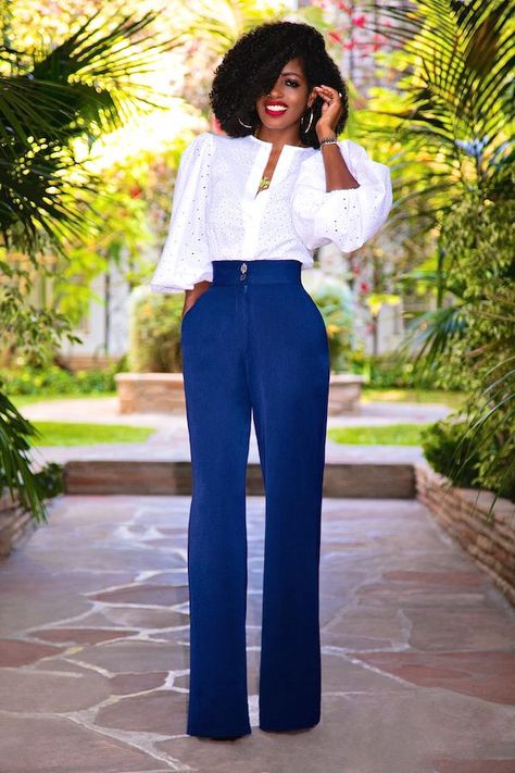 Outfit Details: Top: Available here | Pants: Available here (wearing size xs) | Shoes: Sophia Webster Platforms. Enjoy and have a blessed one. xo Bishop Sleeve Blouse, Style Pantry, High Waist Wide Leg Pants, Elegante Casual, Rock Chic, Looks Chic, Work Outfits Women, Professional Outfits, Blue Pants