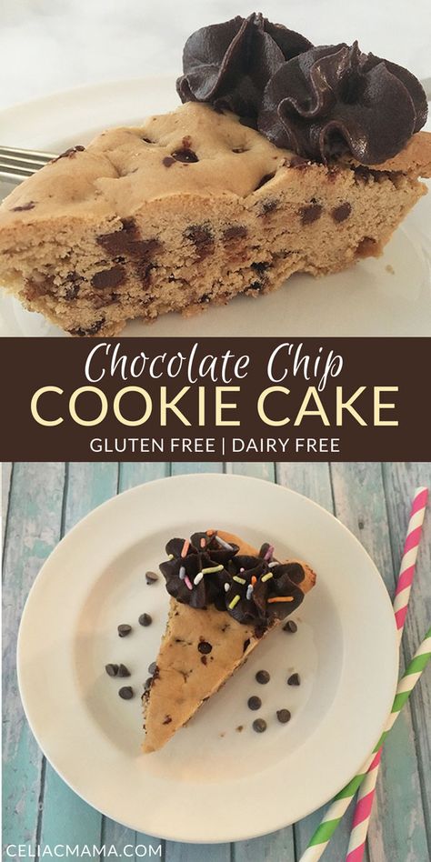 Gluten free chocolate chip cookie cake is such a fun way to celebrate birthdays and special occasions! The recipe is gluten free and dairy free, and full of delicious chocolatey flavor that will leave your guests asking for more. | Celiac Mama | cookie cake recipe | birthday treats | gluten-free cookie cake | gluten-free and dairy-free dessert | gluten-free treats || #cookiecake #glutenfreerecipes #birthdaycakes Mspi Diet, Vegan Gardening, Cake Recipe Birthday, Lyme Diet, Dairy Free Cake Recipe, Dairy Free Chocolate Cake, Banana Muffin, Dairy Free Cookies, Birthday Cake Flavors