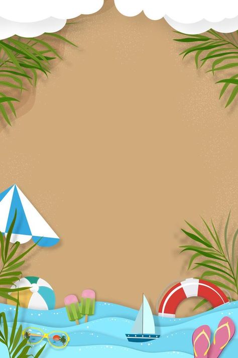 Summer background with beach vacation holiday theme with blue ocean wave layer and copy space,Vector Top view paper cut of tropical summer design, palm leaves and cloud on beach sand background Summer Theme Background, Bday Template, Summer Sale Poster, Sand Background, Cloud Background, Space Vector, Beach Birthday Party, Design Infographic, Background Template