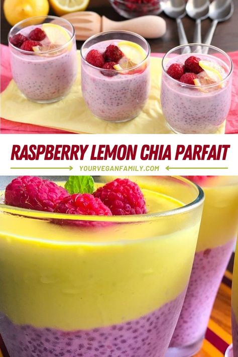 Raspberry Lemon Chia Parfait. this rainbow of raspberry-lemon, high protein goodness satisfies on every level. It’s a raw, vegan, refreshing, delicious plant-based dessert that’s healthy enough to provide a solid breakfast for an athlete or replenishing snack. The bottom layer is a raspberry infused chia pudding that you top with creamy, vegan lemon pudding. Raspberry Matcha Chia Pudding, Lemon Curd Chia Pudding, Vegan Lemon Pudding, Flaxseed Recipes, Dairy Free Dessert Easy, Chia Puddings, Chia Pudding Recipes Healthy, Chia Parfait, Chia Breakfast