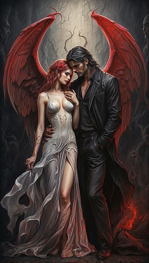 Dark Romance Art Couple, Lucifer And Lilith, Dark Romance Art, Gothic Fairies, Skeleton Artwork, Horror Vintage, Angel Images, Art Couple, Gothic Fairy