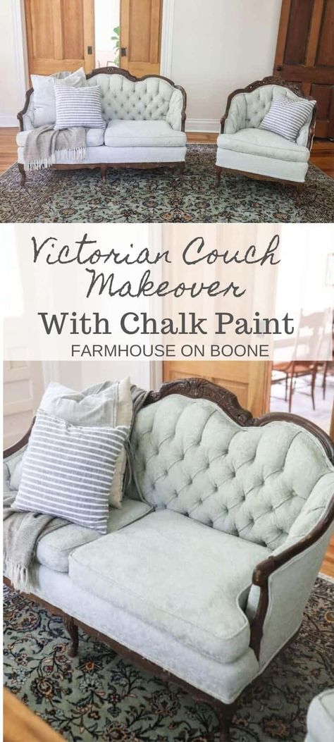 Antique Sofa Makeover, Painted Couch, Painting Upholstery, Painting Upholstered Furniture, Victorian Couch, How To Chalk Paint, Antique Couch, Couch Makeover, Painted Sofa