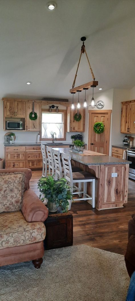 Rustic Hickory Cabinets, Hickory Kitchen Cabinets, Concrete Countertops Wood Cabinets, Countertops Black, Hickory Kitchen, Hickory Cabinets, Kitchen Concrete, Countertops Concrete, Countertops White