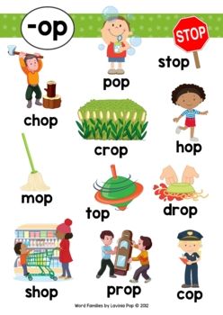 Word Family Word Work Unit - OP by Lavinia Pop | TpT Am Word Family, Op Word Family, Am Word Family Worksheet, Op Family Words Worksheet, Ick Word Family Worksheets, Word Family Reading, Blends Worksheets, Learning Phonics, Cvc Words Kindergarten