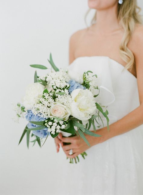 strapless embroidered wedding dress with hydrangea bouquet Wedding Flowers Santorini, Blue Flowers For Bouquet, Beach Wedding Flowers Bouquet Blue, Blue And White Bridal Bouquet Small, Bouquets For Blue Dresses, Small White And Blue Bouquet, Babysbreath Hydrangea Bouquet, Classic Wedding Bouquet Romantic, White Wedding Flowers Hint Of Blue