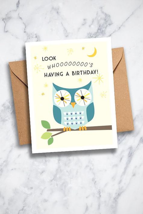 Cute little owl birthday card printable. This unique mid-century modern design features fun atomic starbursts from 60s/70s artwork and a retro-inspired color palette. Versatile, this printable greeting card can wish a happy birthday to anyone in your circle: for friends, for kids, for coworkers, for family, etc. // by 1flychicken creations #owlcard #diycard #happybirthday #owldesign #midcentury #cuteowlcard Moon Birthday Card, 70s Artwork, Happy Birthday Cards Diy, Punny Cards, Greeting Card Inspiration, Owl Birthday, Homemade Birthday Cards, Owl Card, Owl Theme