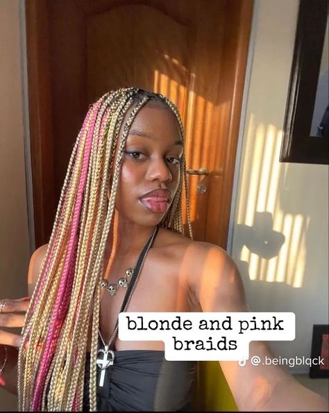 Braids For Black Women Pink And Brown, Pink Brown And Blonde Boho Braids, Blonde Knotless With Beads, Brown And Pink Braids Black Women, Brown Blonde Pink Box Braids, Blonde And Pink Braids With Curls, Knotless Box Braids Pink And Blonde, Pink Nd Black Braids, 613 And Pink Knotless Braids