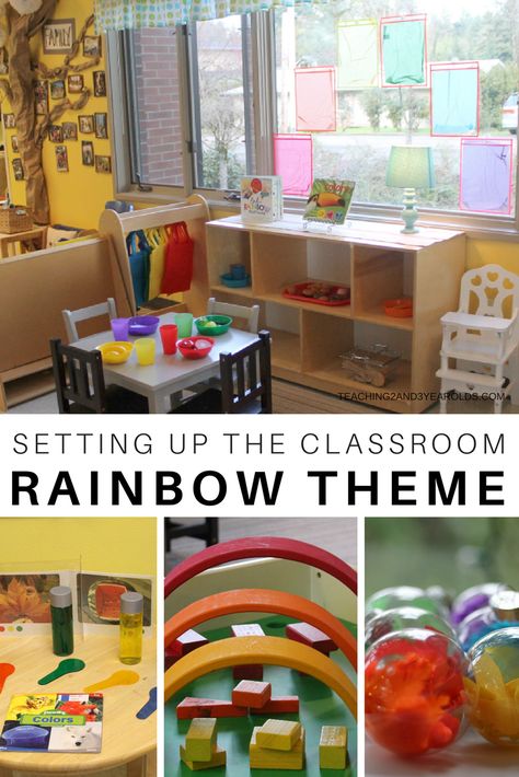 There are so many fun activities to add to the toddler and preschool rainbow theme. It's a great way to expose young children to colors and color mixing in all areas of the classroom. Come take a tour of our rainbow ideas that were used in our classroom! #rainbows #themes #colors #classroom #toddlers #preschool #teachers #AGE2 #AGE3 Preschool Rainbow Theme, Preschool Management, Colour Activities, Preschool Rainbow, Rainbow Theme Classroom, Science Activities For Toddlers, Preschool Classrooms, Rainbow Ideas, Prek Activities