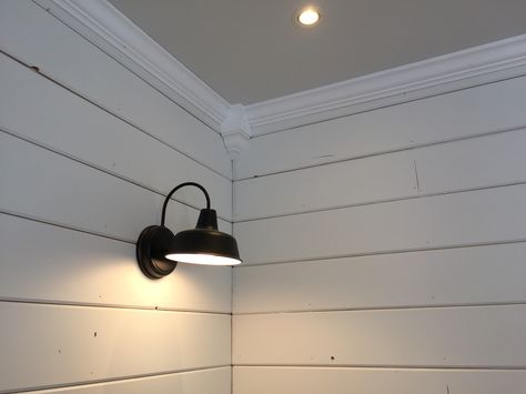 Crown molding, shiplap, and barely gray ceiling. I did all myself. Shiplap With Crown Molding, Gray Ceiling, Ceiling Crown, Diy Dream Home, Bean Trellis, Bedroom Ceilings, Farmhouse Wall Sconces, Grey Ceiling, Shiplap Ceiling