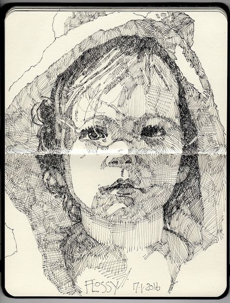 Drawing Hatching, Fine Liner Drawings, Asaro Head, Bw Illustration, Drawing With Ink, Line Movement, Pen Portrait, Artists Sketchbooks, Ink Sketchbook