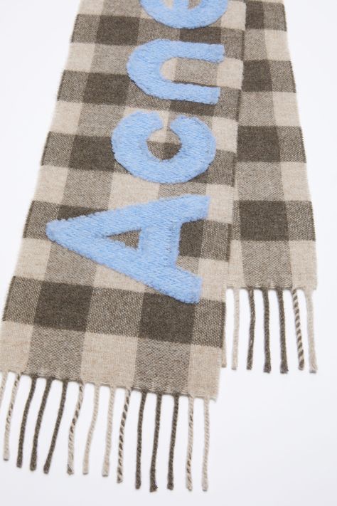 Fringe scarf features an all-over check pattern, contrast jacquard woven fil coupé Acne Studios logo, crafted from a rich wool blend. FN-UX-SCAR000397 Embroidered Scarf Handmade, Acne Scarf, Narrow Scarf, Check Logo, Embroidered Scarf, Logo Scarves, Branded Scarves, Studio Logo, Fringe Scarf