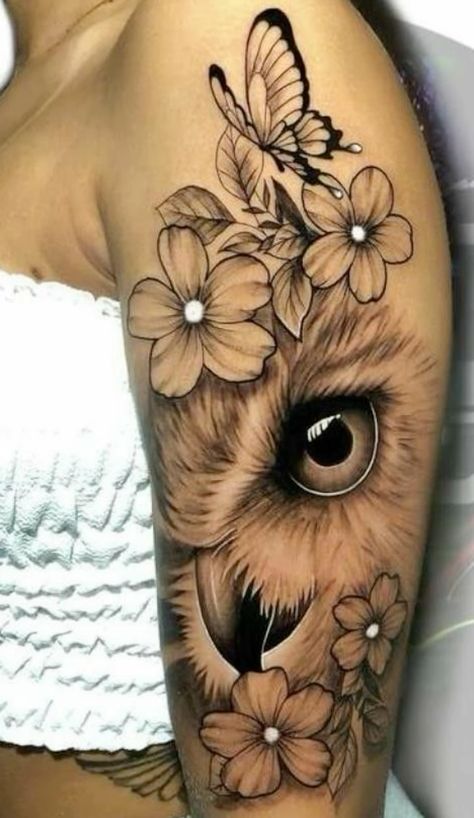 Quad Tattoo, Nature Feminine, Owl Tattoo Sleeve, Owl Tattoo Drawings, Delicate Tattoos For Women, Butterfly With Flowers Tattoo, Cute Owl Tattoo, Arm Sleeve Tattoos For Women, Women Nature