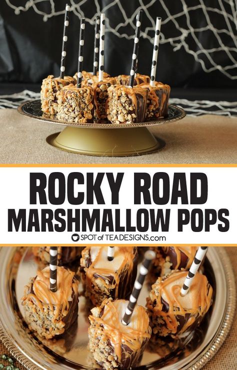 Rocky Road Marshmallow Pops | spotofteadesigns.com Large Marshmallow Pops, Fall Marshmallow Pops, Marshmallow Pops Christmas, Cereal Treat Bars, Marshmallow Pops Recipe, Pops Recipes, Strawberries Bouquet, Sweet Business, Rocky Road Chocolate