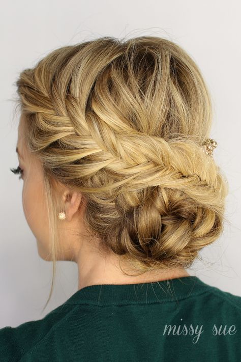 Fishtail Braided Updo is a perfect hairstyle for a night out. I love to wear my hair in braids to work so I think with a smart blazer and clean cut pencil skirt, this could even work at the office. Th Fishtail Braid Updo, Fishtail Updo, French Braid Hairstyles, Peinados Recogidos, Fishtail Braid, Braided Hairstyles Updo, Penteado Cabelo Curto, Braided Updo, Formal Hairstyles