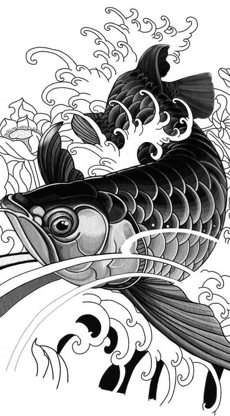 Arowana Tattoo Design, Arowana Fish Tattoo, Arowana Tattoo, Aquatic Tattoo, Koi Dragon Tattoo, Koi Tattoo Sleeve, Dragon Tattoo Sketch, Bio Organic Tattoo, Tattoo Japanese Style