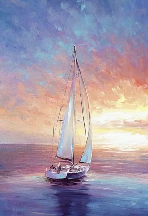 Christmas Paintings On Canvas Acrylics, Sailboat Painting Acrylic, Boat Painting Acrylic, Monika Luniak, Boats Painting, Canvas Painting Acrylic, Canvas Landscape Painting, Beach Scene Painting, Boat Drawing