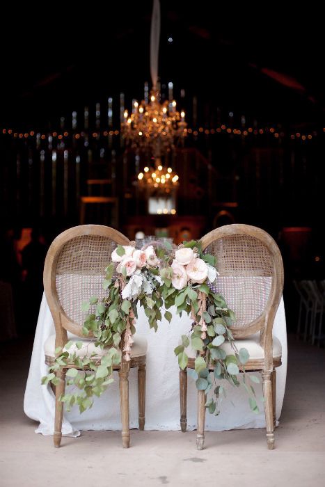 A joining flower arrangement for the bride & groom  chairs. Photo Source: Kim Fox Photography. #chairdecor Bride And Groom Chairs, Bride Groom Chairs, Elegant Wedding Reception, Small Intimate Wedding, Deco Floral, Wedding Chairs, Fall Wedding Dresses, Chair Decorations, Sweetheart Table