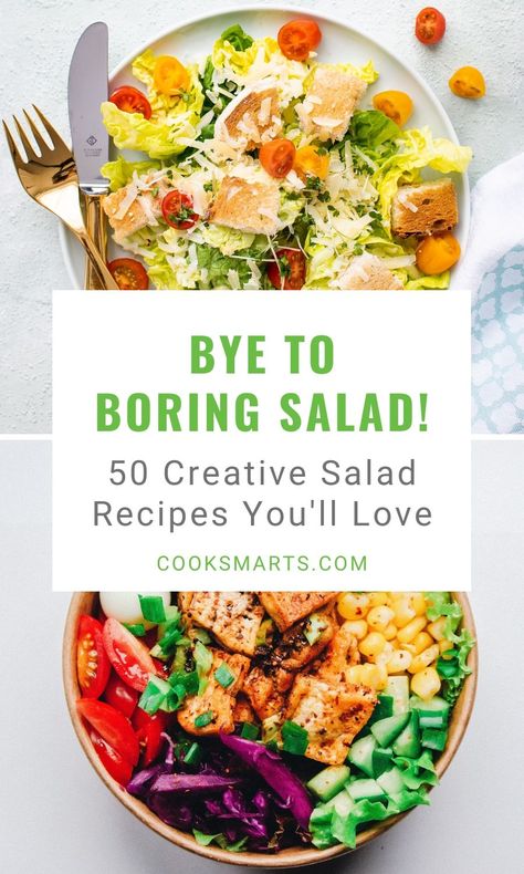 Bye to Boring Salad: 50 Creative Salad Recipes You’ll Love | Tired of the same old salad and looking for new salad ideas? We’ve got you covered with 50 simple and healthy salads for every season, along with some healthy salad dressing recipes. You’ll find salads for dinner as well as side dishes. With these healthy salad recipes, you’ll never get bored with salad again! | Cook Smarts #cooksmarts #saladrecipes #healthysaladrecipes #saladdressing #saladdressingrecipes #salads Fancy Salads, Healthy Eating Meal Plan, Salad Dressing Recipes Healthy, Salad Inspiration, Homecooked Meals, Salad Toppings, Salad Ideas, Fun Salads, Say Bye