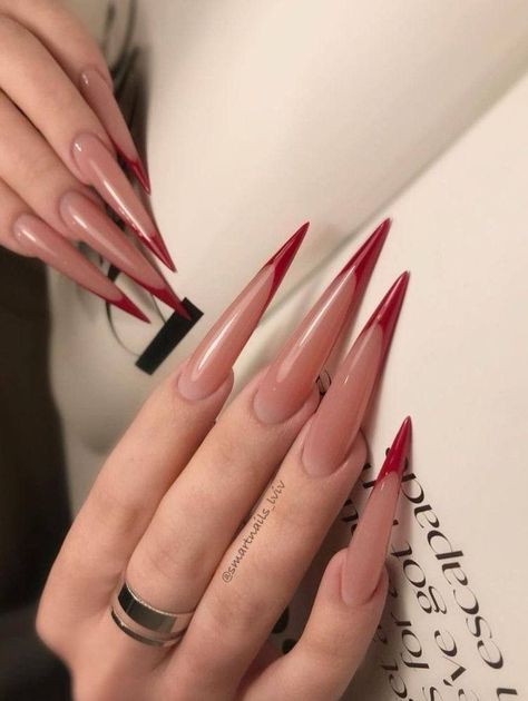 Red French Long Nails, Red French Stiletto Nails, Best Red Nails, Nails For Winter, Red Stiletto Nails, Euphoria Nails, Stilleto Nails Designs, Sharp Nails, Pointy Nails