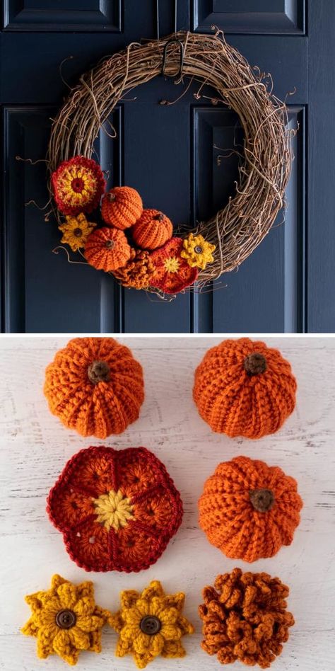 Crochet Floral Wreath, Crochet Spring Wreath, Crochet Wreath Pattern, Crochet Wreaths, Crochet Fall Decor, Thanksgiving Crochet, Crochet Autumn, Autumn Crochet, Sunflower Crochet