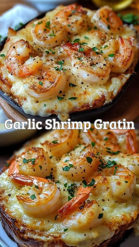 Delicious Garlic Shrimp Gratin Recipe - Easy & Flavorful! - Delicious Recipes - Easy Cooking Ideas and Tasty Dishes Shrimp Gratin Recipes, Cheesy Shrimp Casserole, Seafood Recipes For Thanksgiving, Shrimp Potato Recipes, Something Light For Dinner, Dinner Recipes For Family Shrimp, Shrimp And Potato Recipes, Seafood For A Crowd, Baked Stuffed Shrimp Casserole