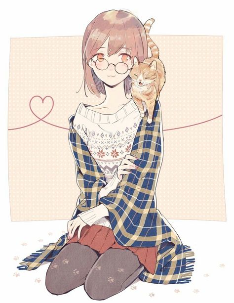 Cat On Shoulder, Girl With Glasses, Art Mignon, Style Anime, Art Manga, Wearing Glasses, Anime Cat, 영감을 주는 캐릭터, Art Anime