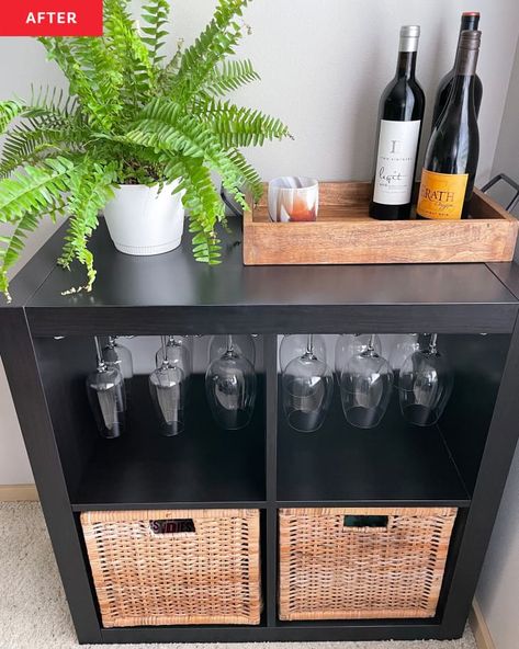 Ikea Wine Rack, Ikea Bar, Kallax Hack, Diy Rack, Wine Glass Storage, Ikea Kallax Hack, Indoor Bar, Ikea Kallax, Ikea Furniture Hacks