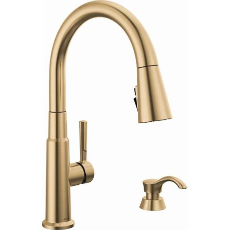 Delta Avebury Champagne Single Handle Pull-down Kitchen Faucet with Sprayer (Deck Plate and Soap Dispenser Included) in the Kitchen Faucets department at Lowes.com Champagne Bronze Kitchen Faucet, Champagne Bronze Kitchen, Kitchen Backslash, Delta Champagne Bronze, Lowes Kitchen, Bronze Kitchen Faucet, Kitchen Faucet With Sprayer, Champagne Bronze, Kitchen Faucets