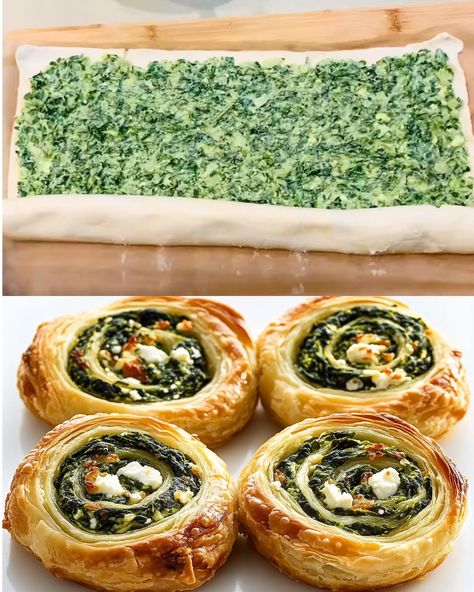 Spinach and Feta Puff Pastry Pinwheels are a savory, flaky, and cheesy delight that’s perfect for parties, appetizers, or a quick snack. These pinwheels combine the classic flavors of spinach and feta, wrapped in golden puff pastry, making them irresistible for all occasions. Preparation Time Prep Time: 15 minutes Cook Time: 20-25 minutes Total Time: 40 minutes Servings: 12 pinwheels Ingredients Frozen Puff Pastry: 1 sheet, thawed Fresh Spinach: 2 cups (60g), chopped Feta Cheese: ½ cup (100g), c Feta Puff Pastry, Spinach Appetizers, Recipes Using Puff Pastry, Philo Dough, Pastry Pinwheels, Puff Pastry Recipes Savory, Spinach Puff Pastry, Vegetarian Christmas Recipes, Puff Pastry Pinwheels