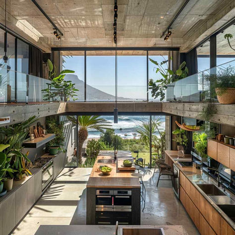 76 Brutalist Kitchens: Where Concrete Cool Meets Lush Tropical Design Steps In Kitchen, Mid Century Brutalist, Unique Spaces In A Home, Small Tropical House Interior, Tropical Dream House, Modern Tropical Kitchen Design, Minimal Tropical House, Balinese Kitchen Design, Industrial Tropical House