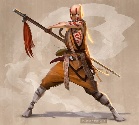 Shaolin Monk, Magnus Norén on ArtStation at https://www.artstation.com/artwork/qoOWa Staff Poses, Monk Dnd, Poses Manga, Shaolin Monks, Shaolin Kung Fu, Yamanashi, Heroic Fantasy, Male Character, Martial Artists