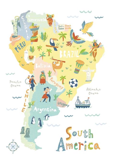 World Map | Maps South America Map Aesthetic, America Map Illustration, Latin America Map, Central America Map, Art Prints For Kids, Maps Aesthetic, Brazil Map, South America Map, Superhero Classroom