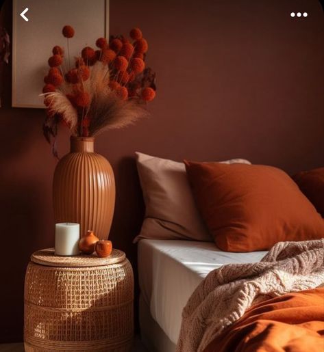 Orange Brown Cream Bedroom, Rust Room Decor, Amber Bedroom Decor, Minimalist Autumn Decor, Warm Room Colors, Terracota Bedroom Ideas, Red Orange Bedroom, Dark Orange Bedroom, Orange Room Ideas