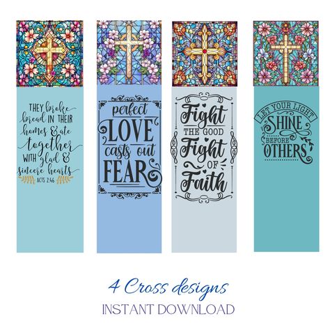 4 bookmarks uplifting Faith based messages anchored by a beautiful stained glass look Cross Cross Bookmarks Paper, Bible Verse Cross Stitch Bookmark Patterns, God Bookmarks, Christian Cross Stitch Book Marks, Bookmark Print, Multi Ribbon Bible Bookmark, Bookmarks Paper, Bible Bookmarks, Bookmark Printing